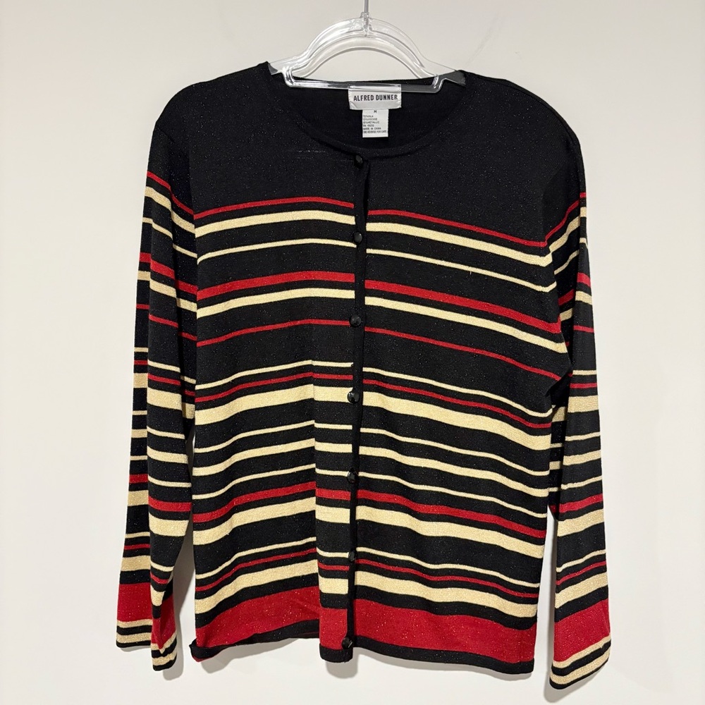 Alfred Dunner Metallic Gold Striped Cardigan Silk Blend black red Size medium‎